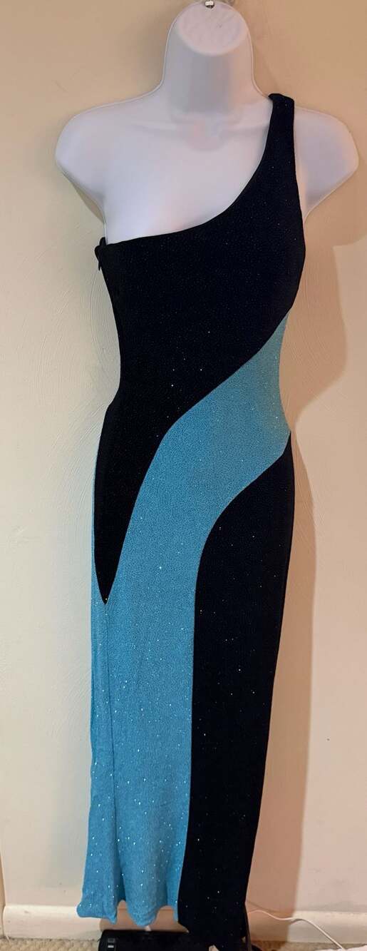 Betsy & Adam Size 4 Y2K Black Blue Glitter One Shoulder Formal Maxi Gown USA